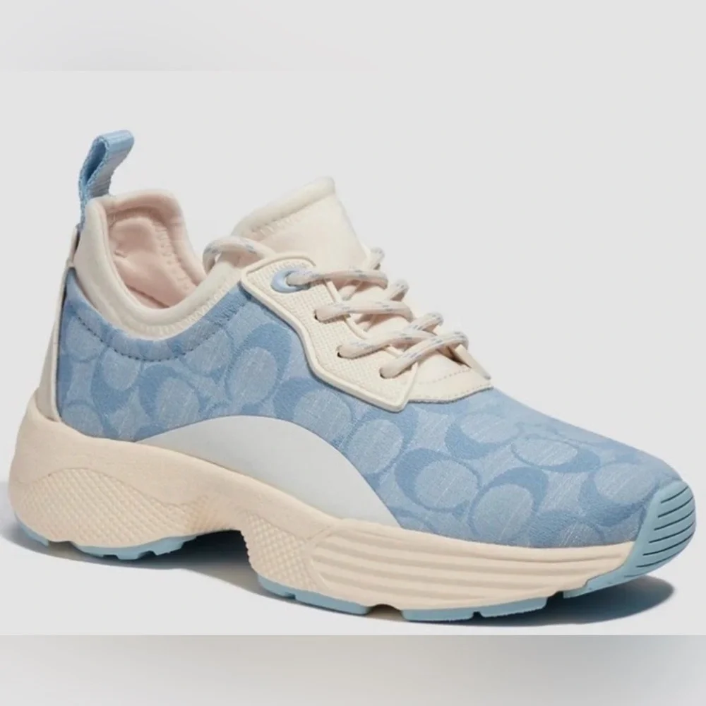 Coach Monogram Low-Top slip on Sneakers in blue and Tan NIB
